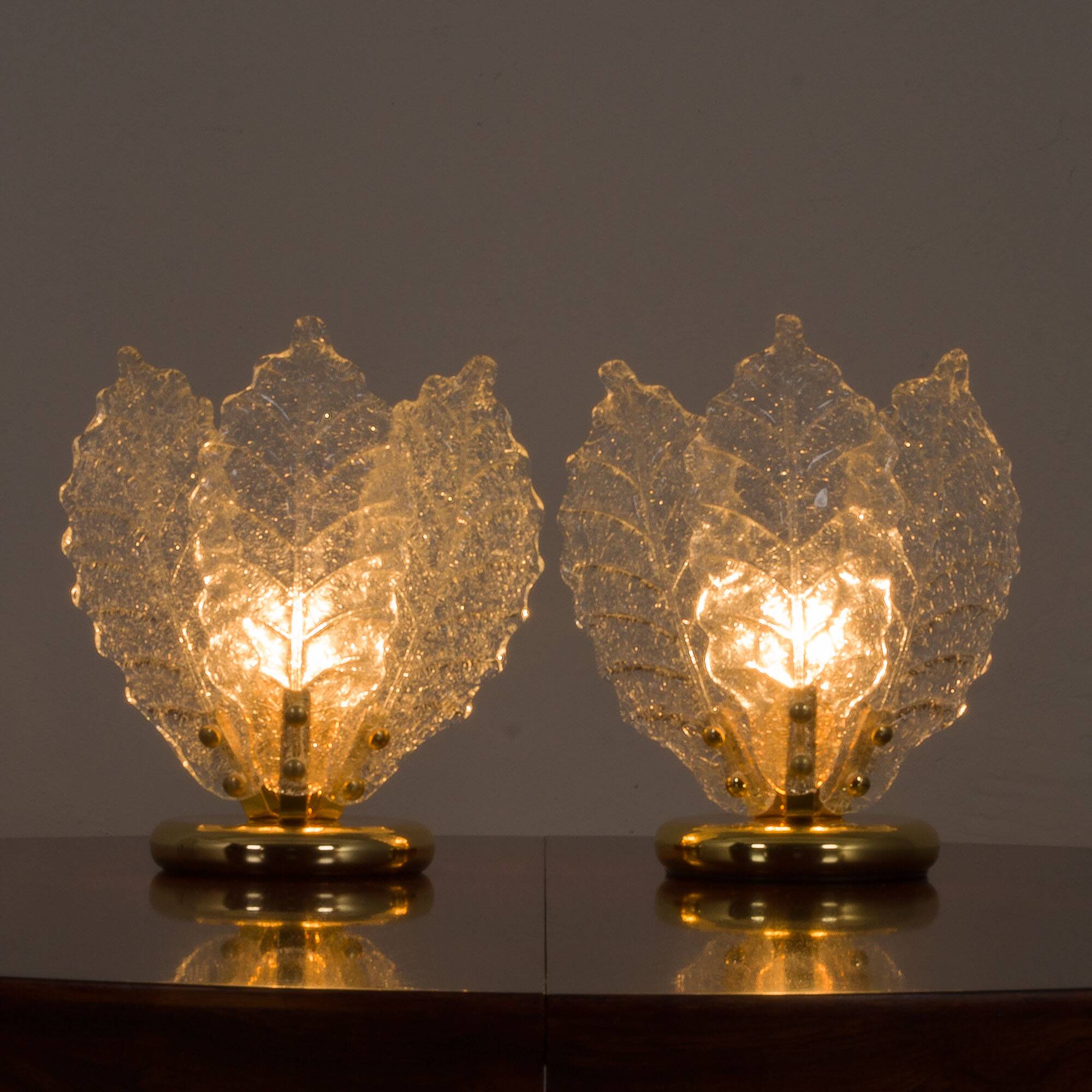 Pair of Italian brass and Murano glass leaf shaped table lamps