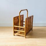 Vintage rattan magazine holder with floral decoration