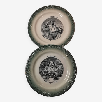 2 old earthenware talking plates from GIEN, Déjeuners Comique series