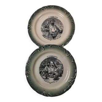 2 old earthenware talking plates from GIEN, Déjeuners Comique series