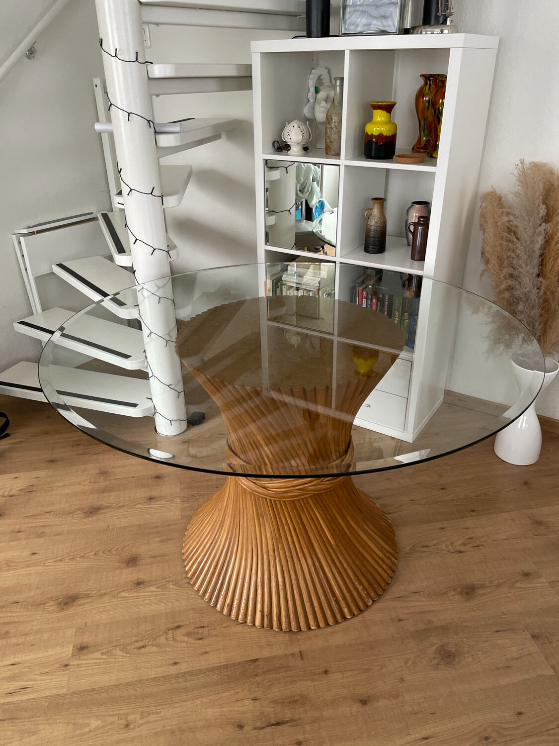 McGuire Bamboo Table – wheat sheaf base, round glass top