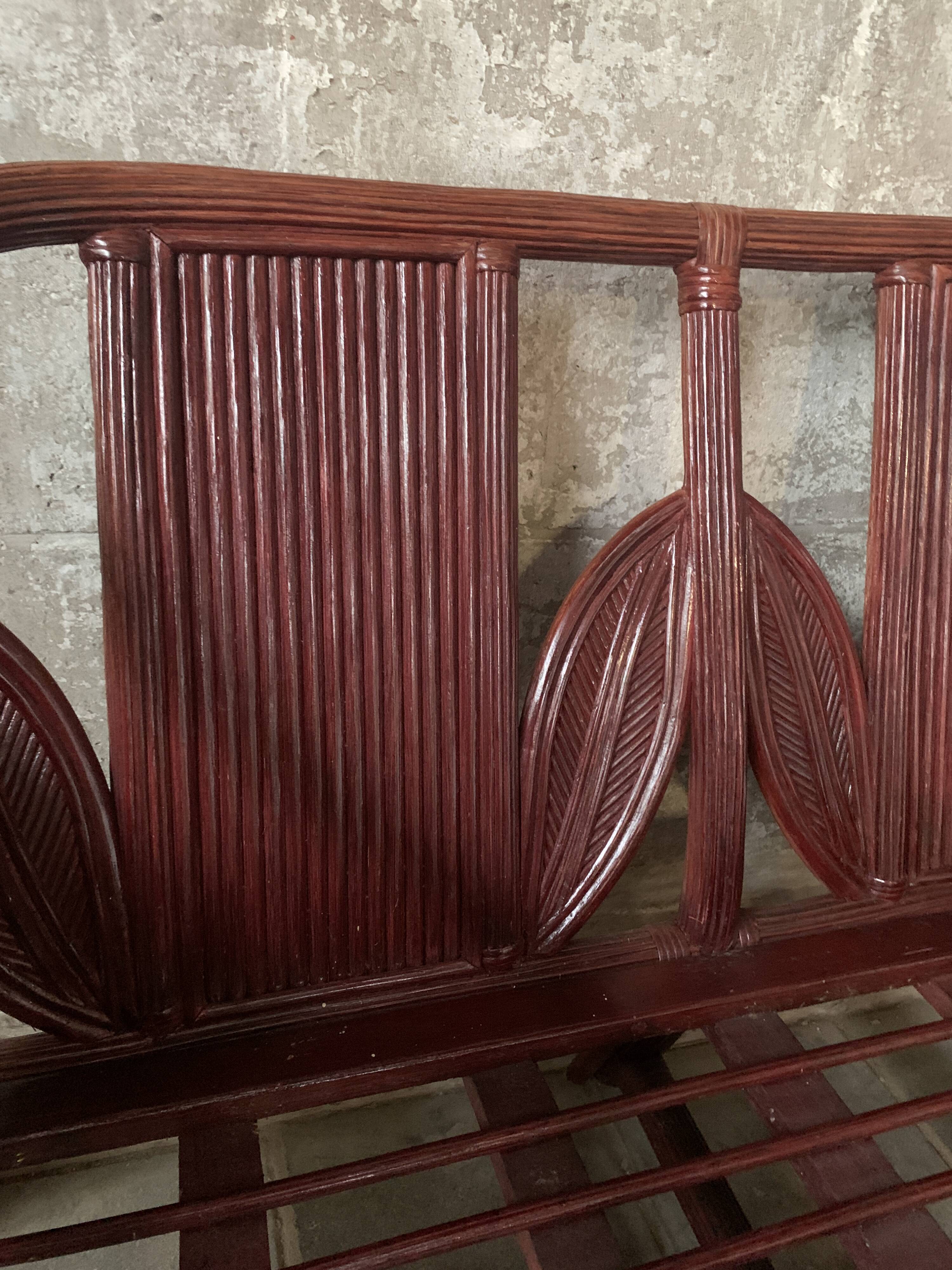 Pencil reed rattan bamboo coastal palm leaf bench sofa, Vivai del Sud 1970s