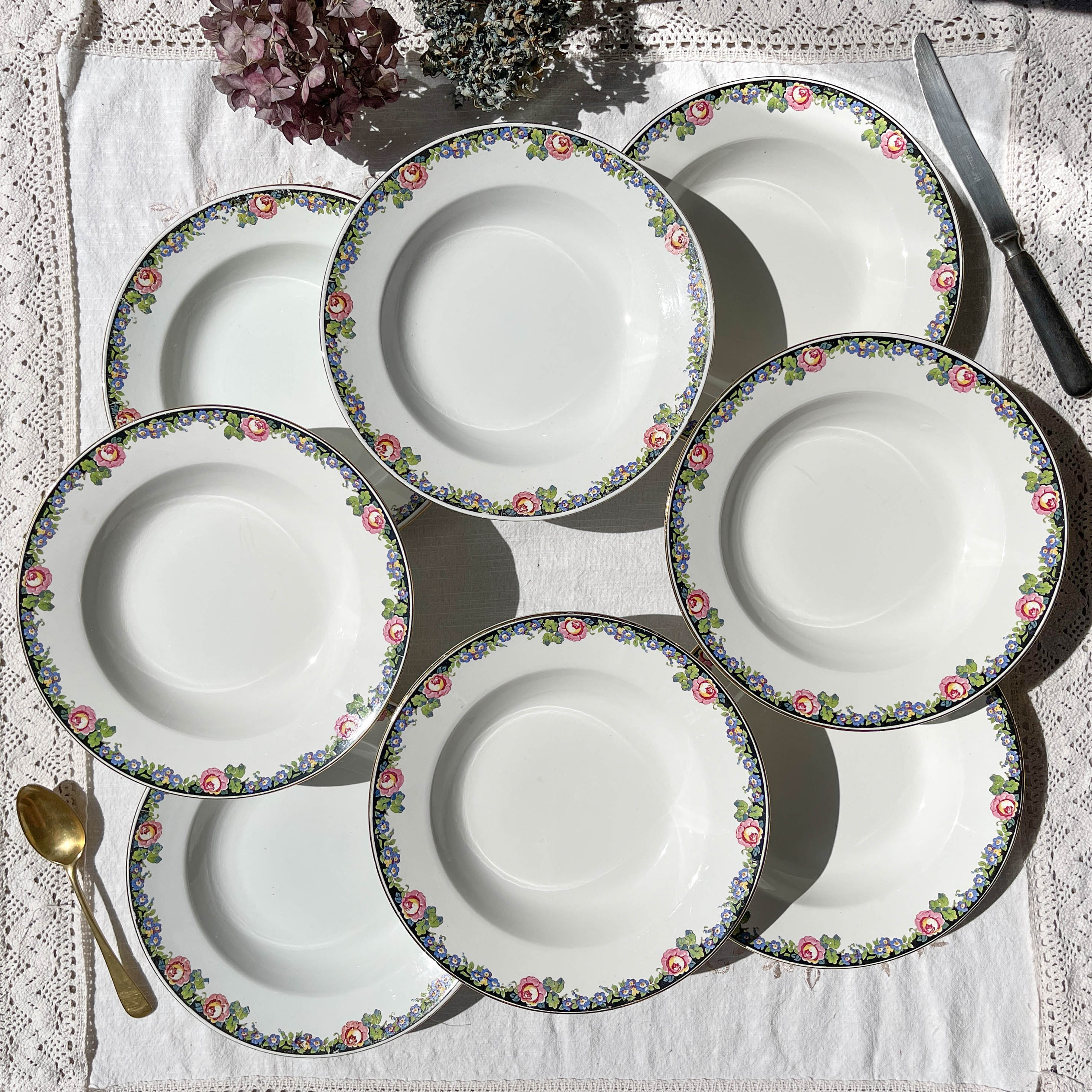 8 Digoin opaque porcelain soup plates with floral pattern "3984" ~