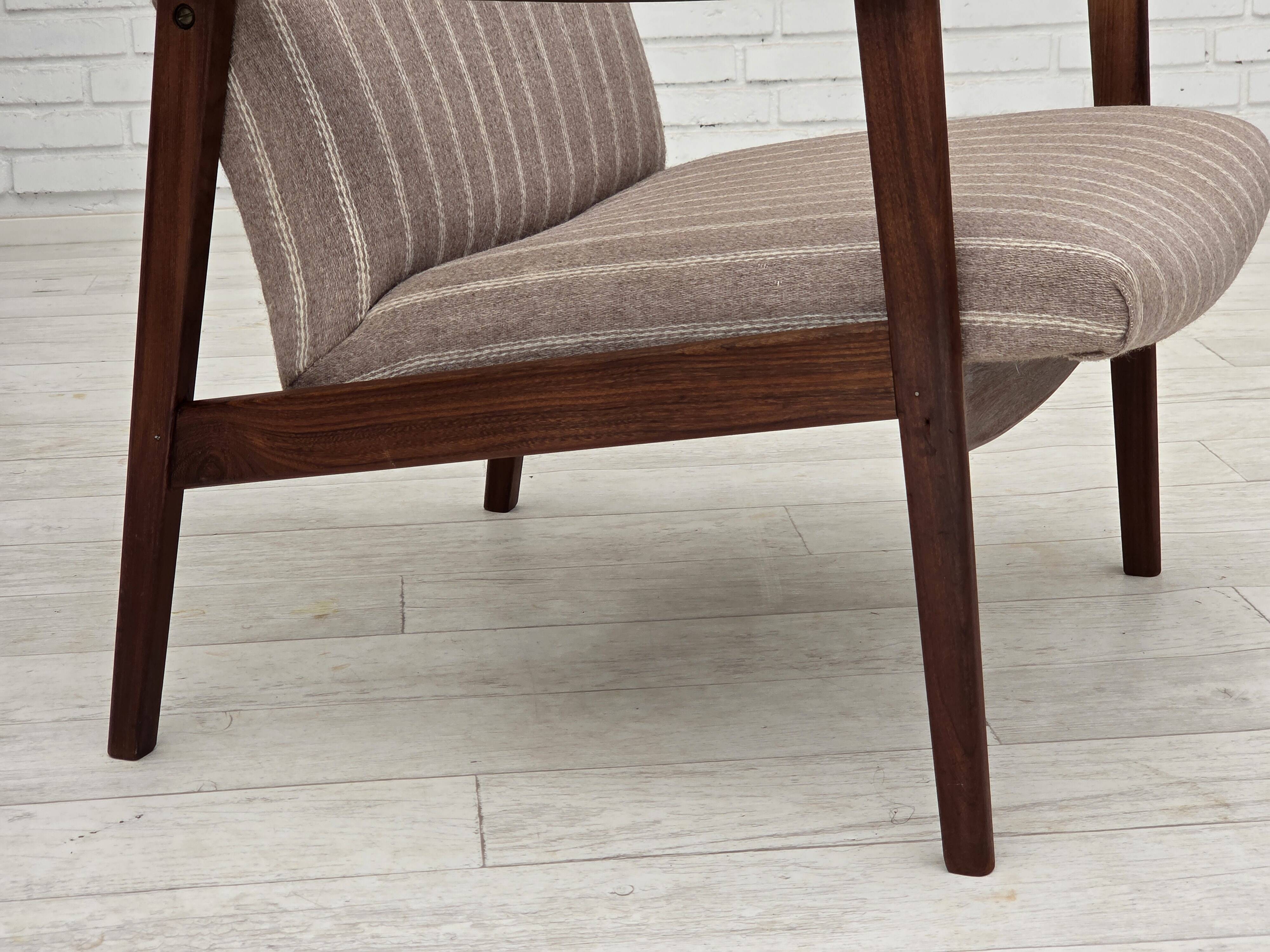 1970s, Danish highback armchair, furniture wool, teak wood, original.