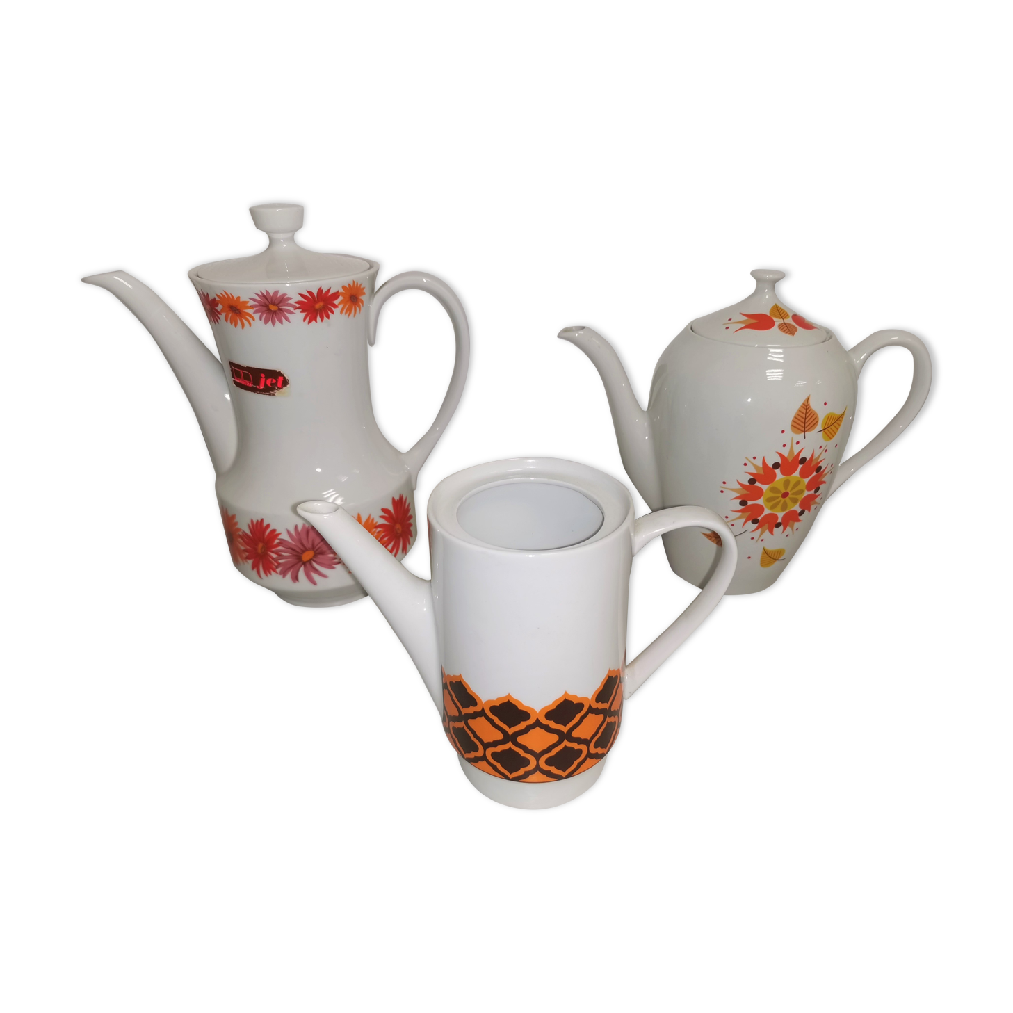 Lot de 3 cafetières théières vintage motif orange en porcelaine