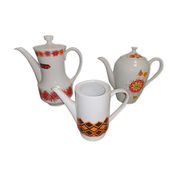 Lot de 3 cafetières théières vintage motif orange en porcelaine