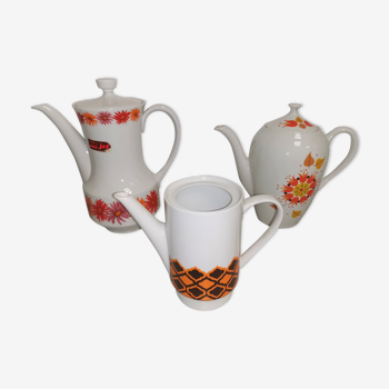set of 3 Vintage Teapot Coffee Makers Orange Porcelain Pattern