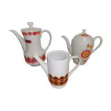 set of 3 Vintage Teapot Coffee Makers Orange Porcelain Pattern