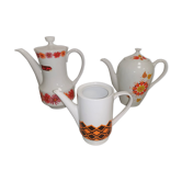 set of 3 Vintage Teapot Coffee Makers Orange Porcelain Pattern