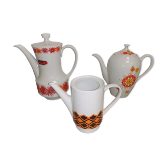 Lot de 3 cafetières théières vintage motif orange en porcelaine