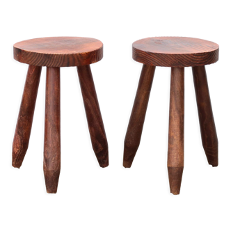 Paire de tabourets tripodes en bois années 50