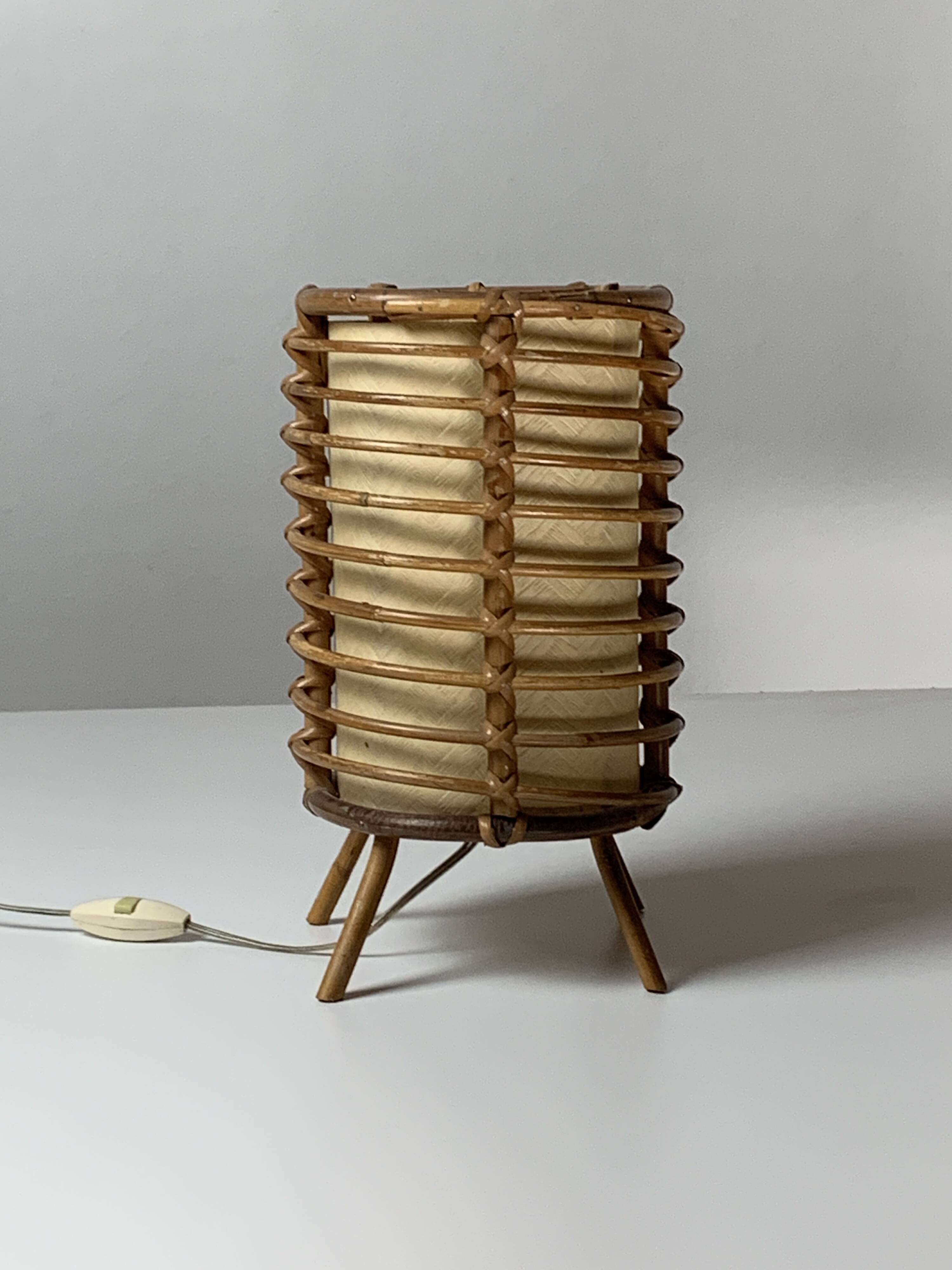 Bamboo cylindrical table lamp by Louis Sognot, France 1950s