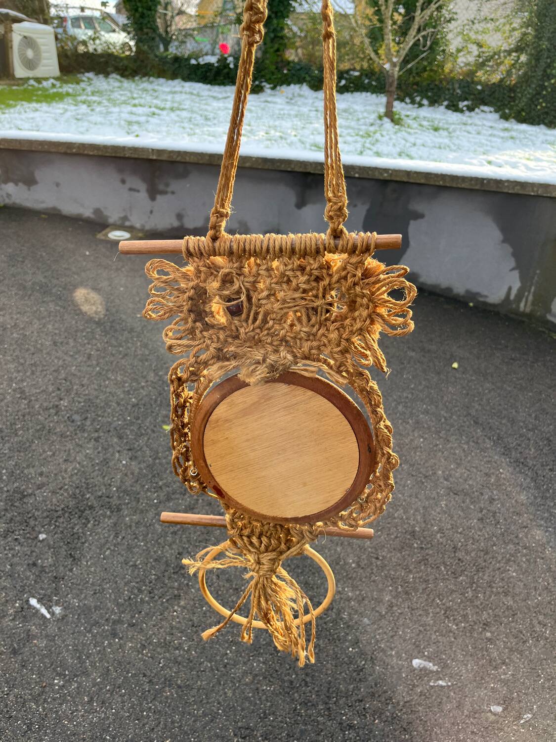 Miroir hibou vintage 1970 porte serviette en macramé