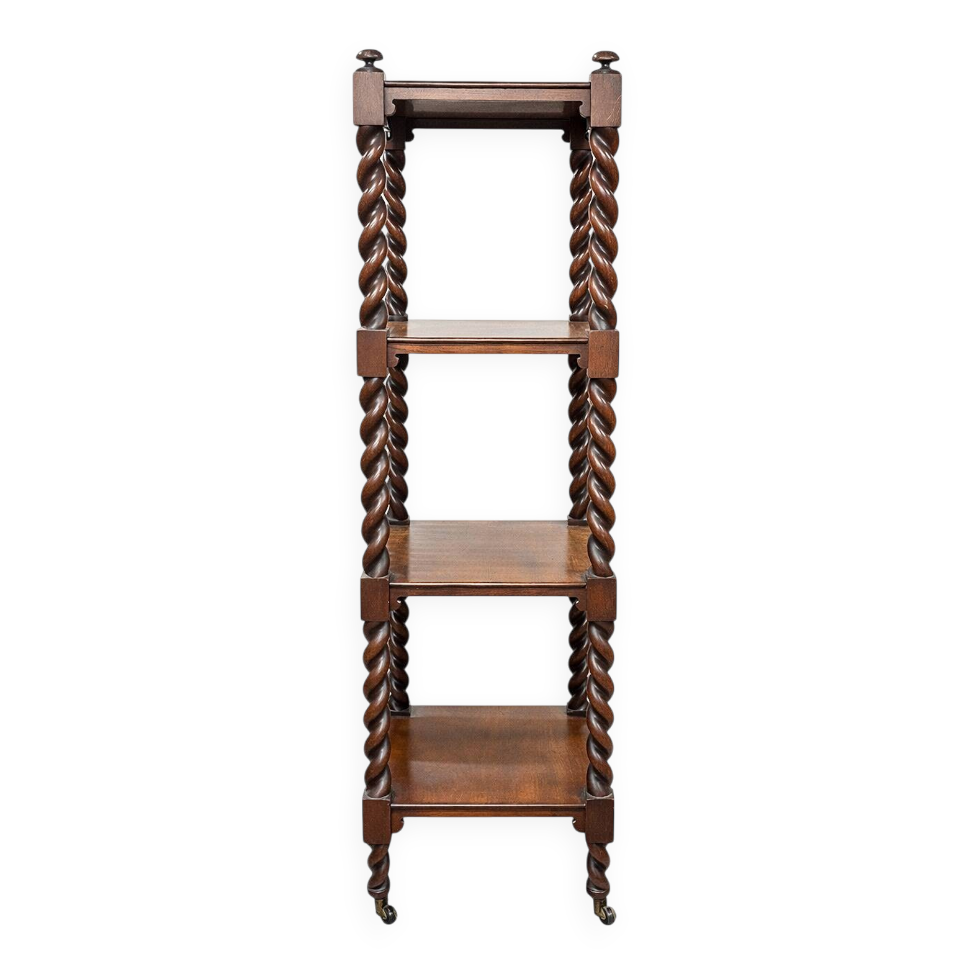 Etagère Antique en Noyer Tordu à Roulettes, 1890s