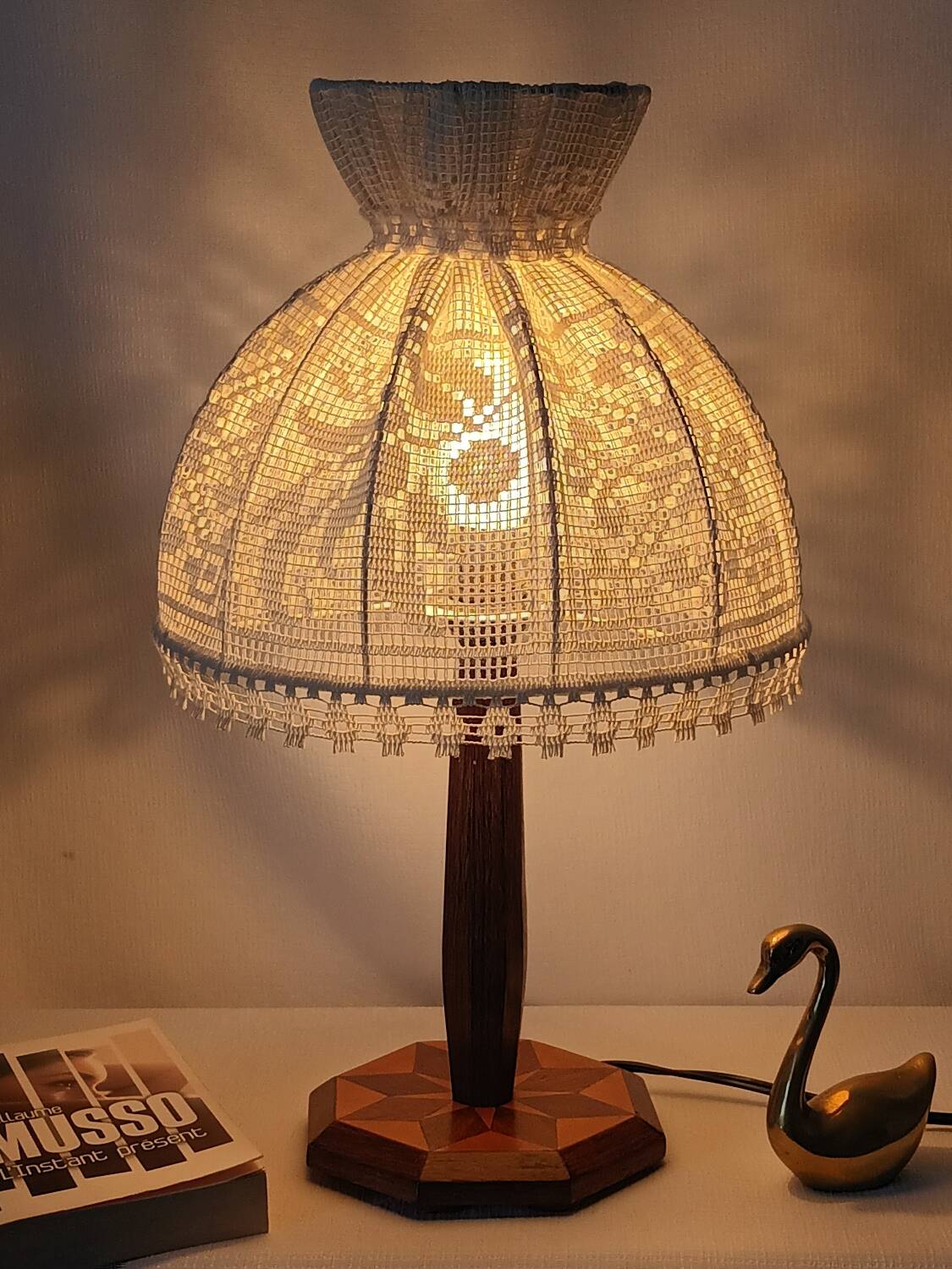 Vintage lace marquetry bedside lamp