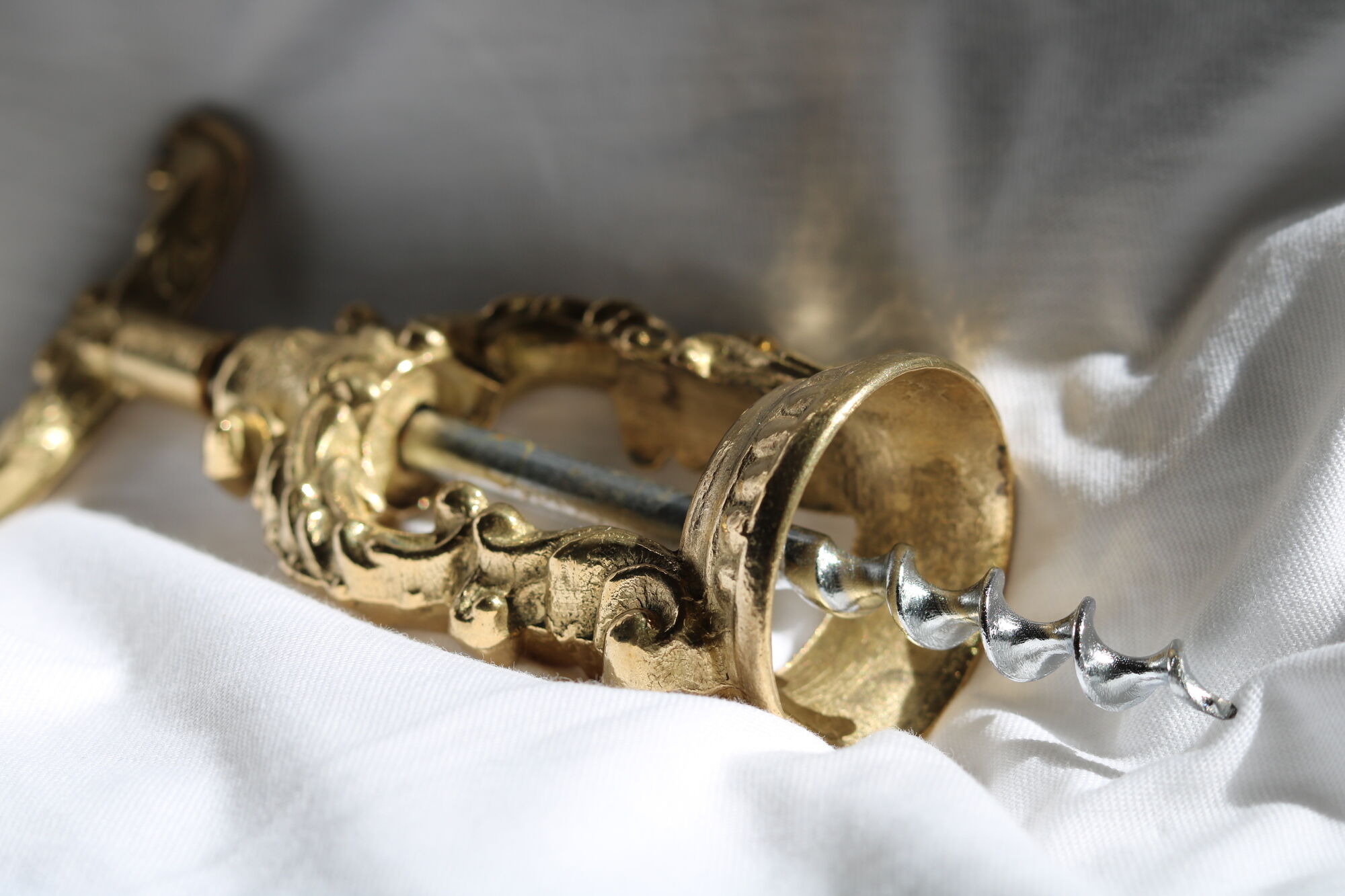 French ornate brass corkscrew wine opener