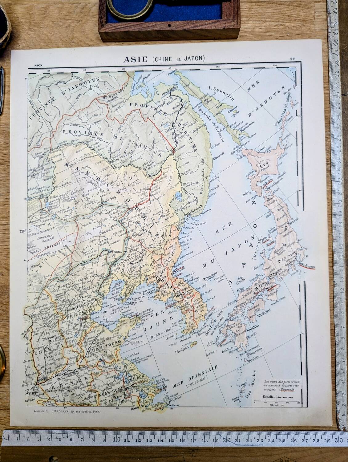 Planche géographique imprimée en 1900 l'Asie, Chine et Japon