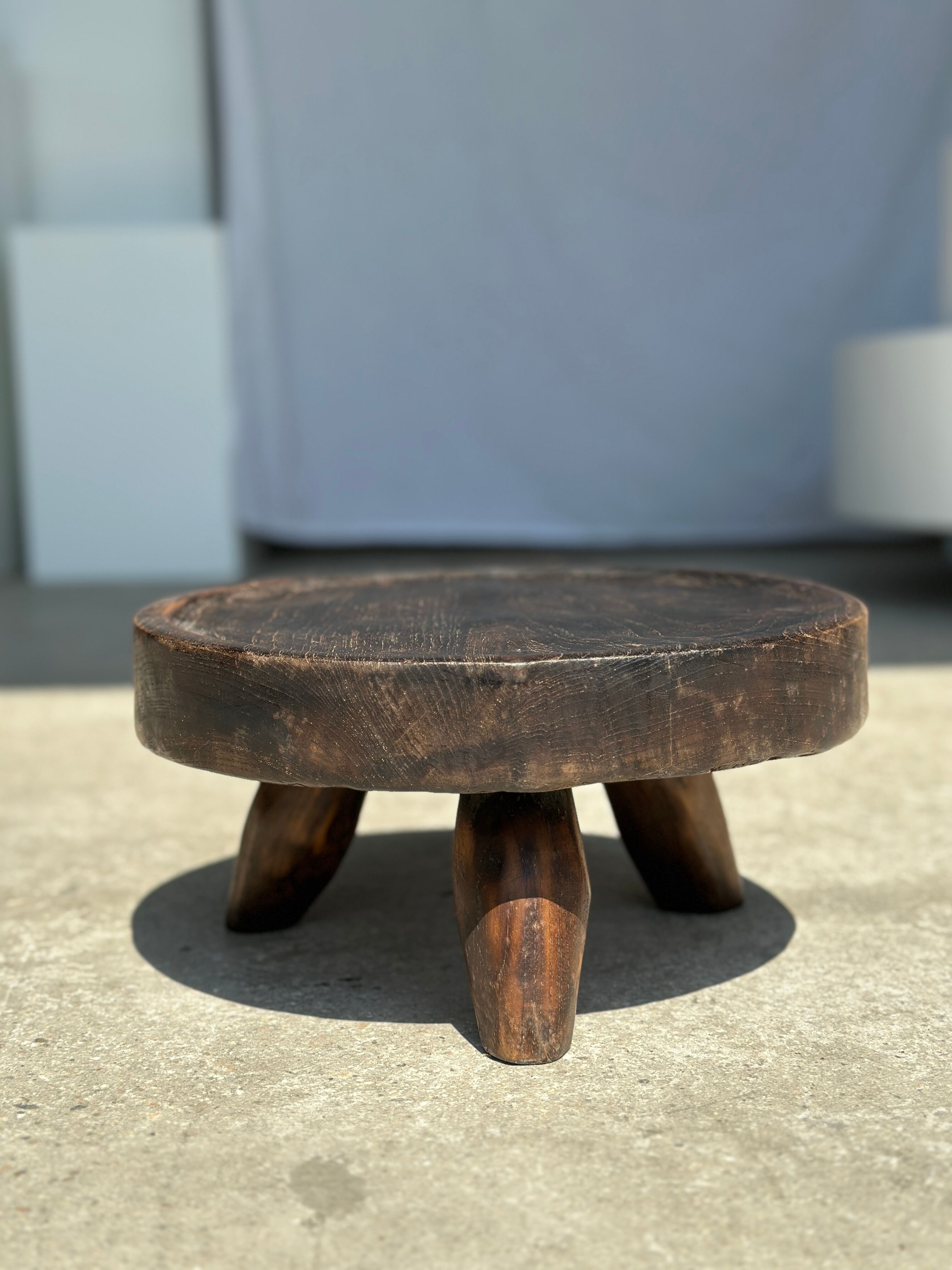 Small tripod stool low in dark brown upcycled teak