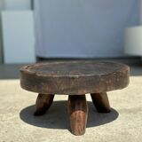 Small tripod stool low in dark brown upcycled teak