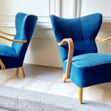 Pair of wing chairs flesh Scandinavian Danish 50s 60s blue