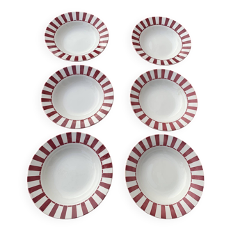 6 Digoin soup plates, model 9591, Digoin and sarreguemines, France, burgundy stripe patterns