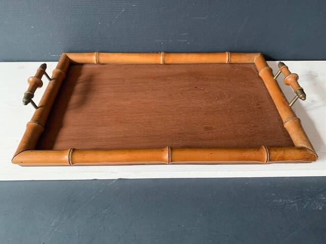 Old serving tray in faux bamboo and brass, 19th century