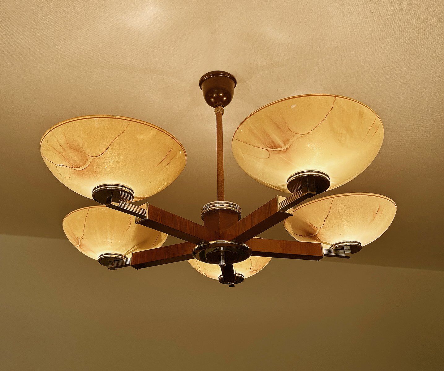 Large Art Deco pendant light in wood and glass, 1930s