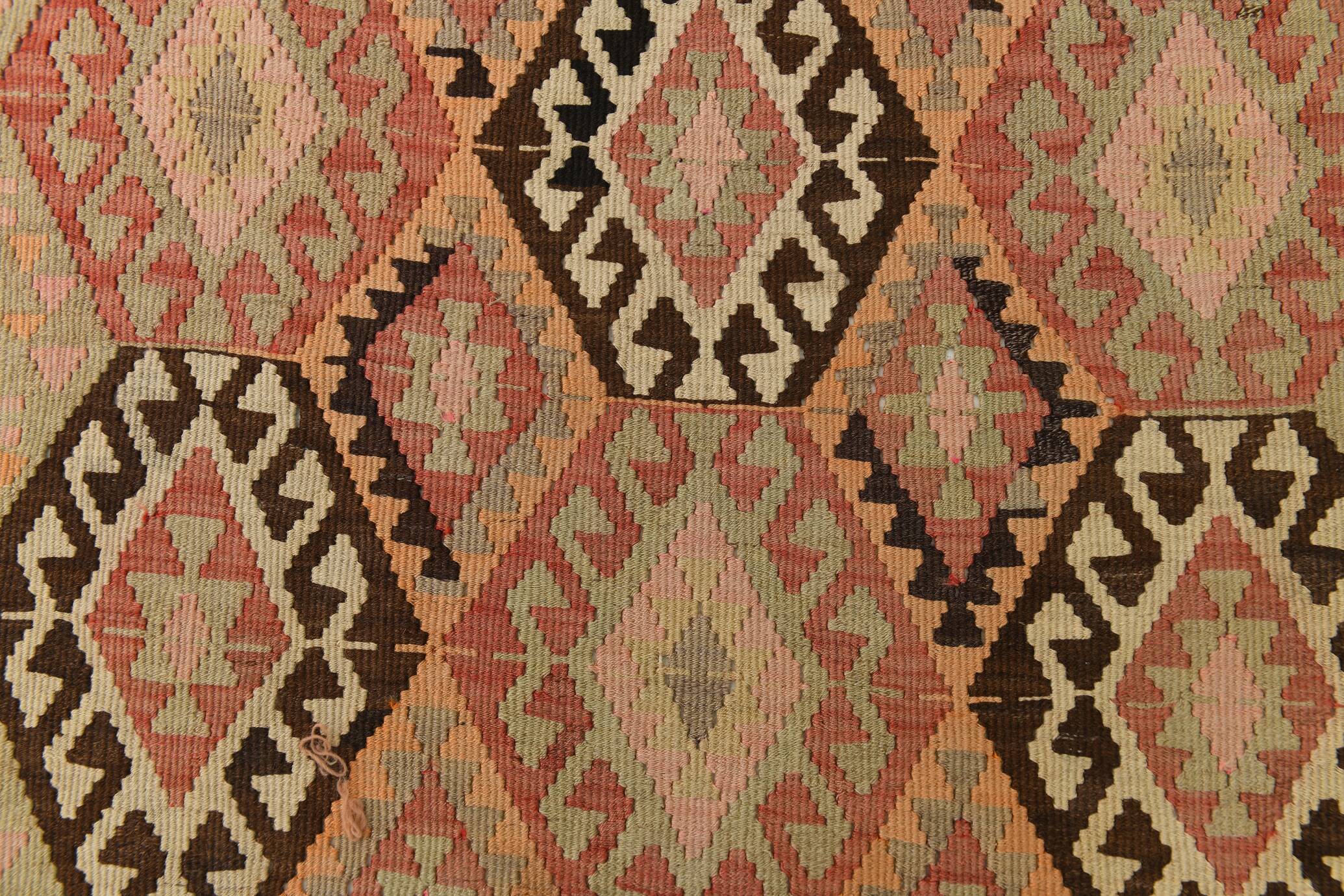Turkish Vintage Kilim Rug: Shades Of Red Brown Handmade Wool Rug 160x417Cm