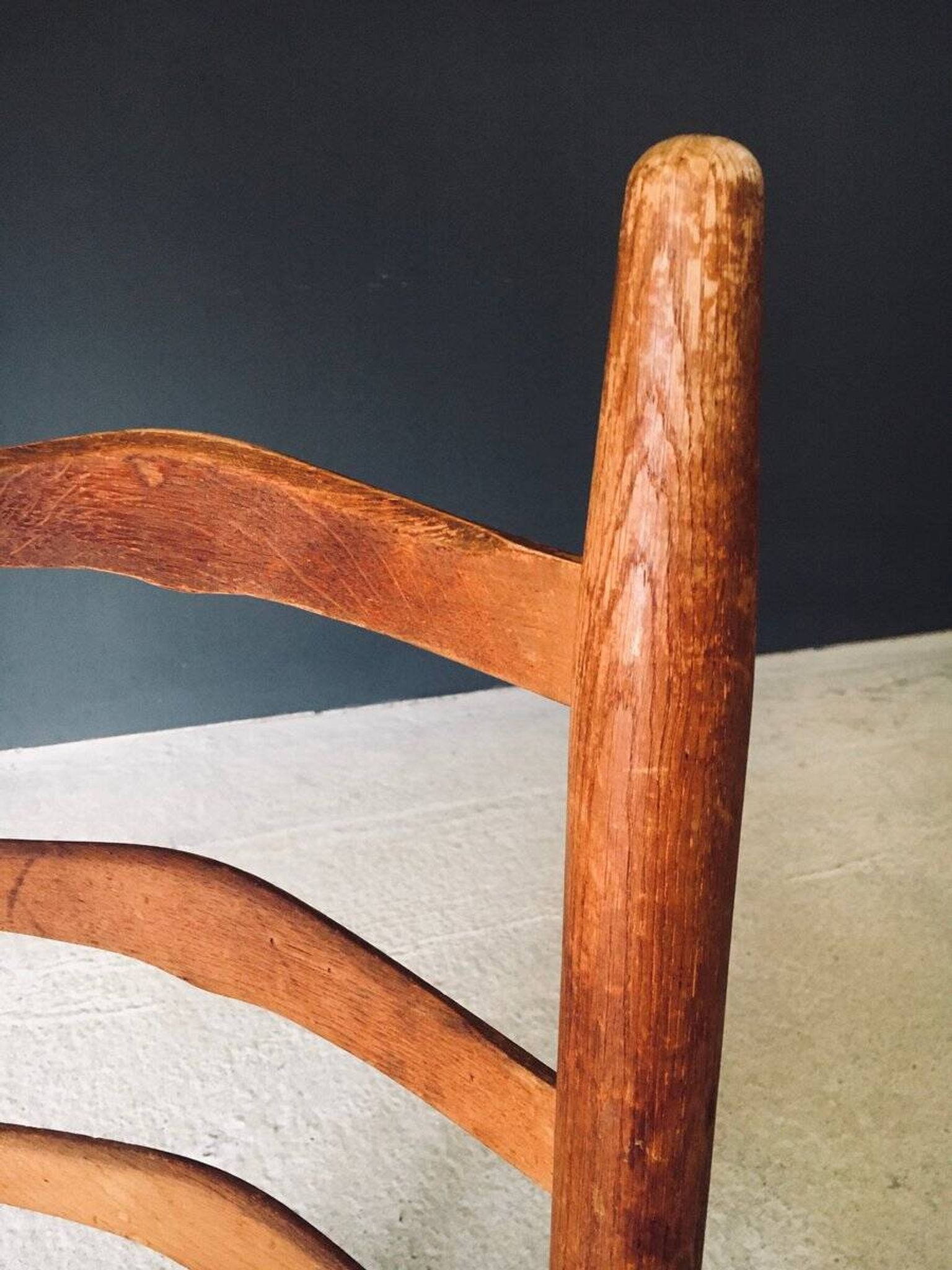 Low rustic ladder back dining chairs in oak and rush, Belgium, 1950s, set of 6.