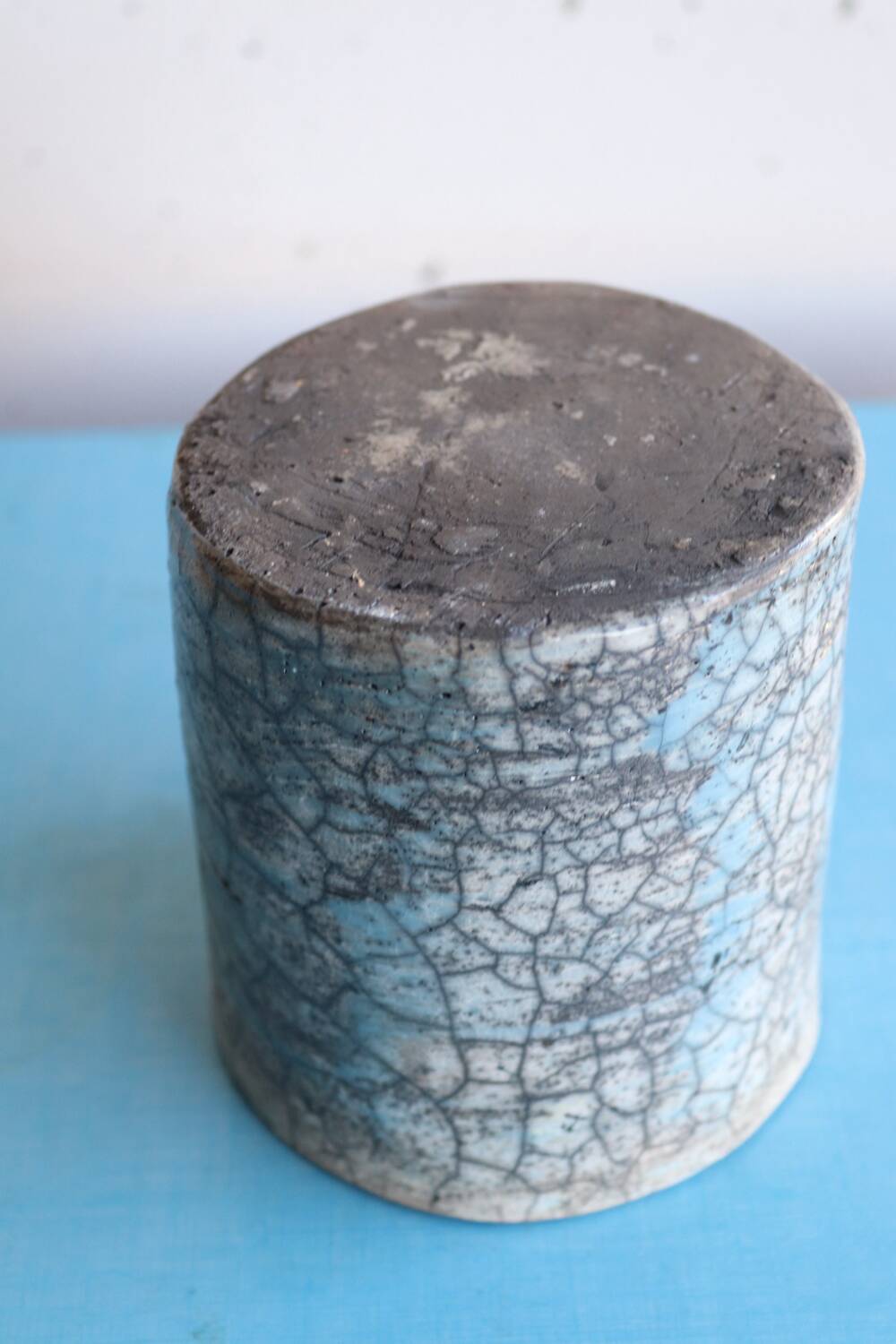 Blue raku ceramic cylindrical vase