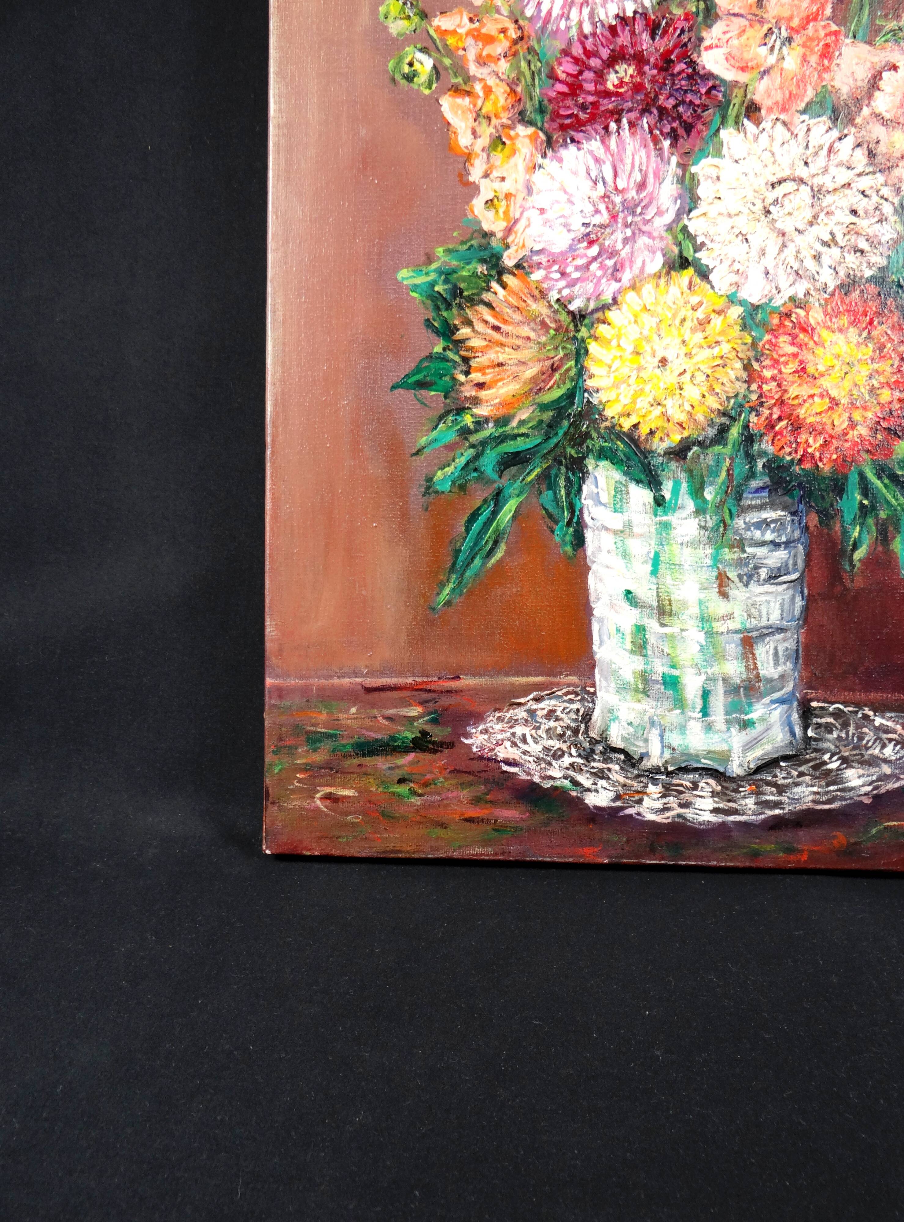 Still life 'Gladioli and Dahlias' Oil on canvas 36x33 signed J.D Vincent