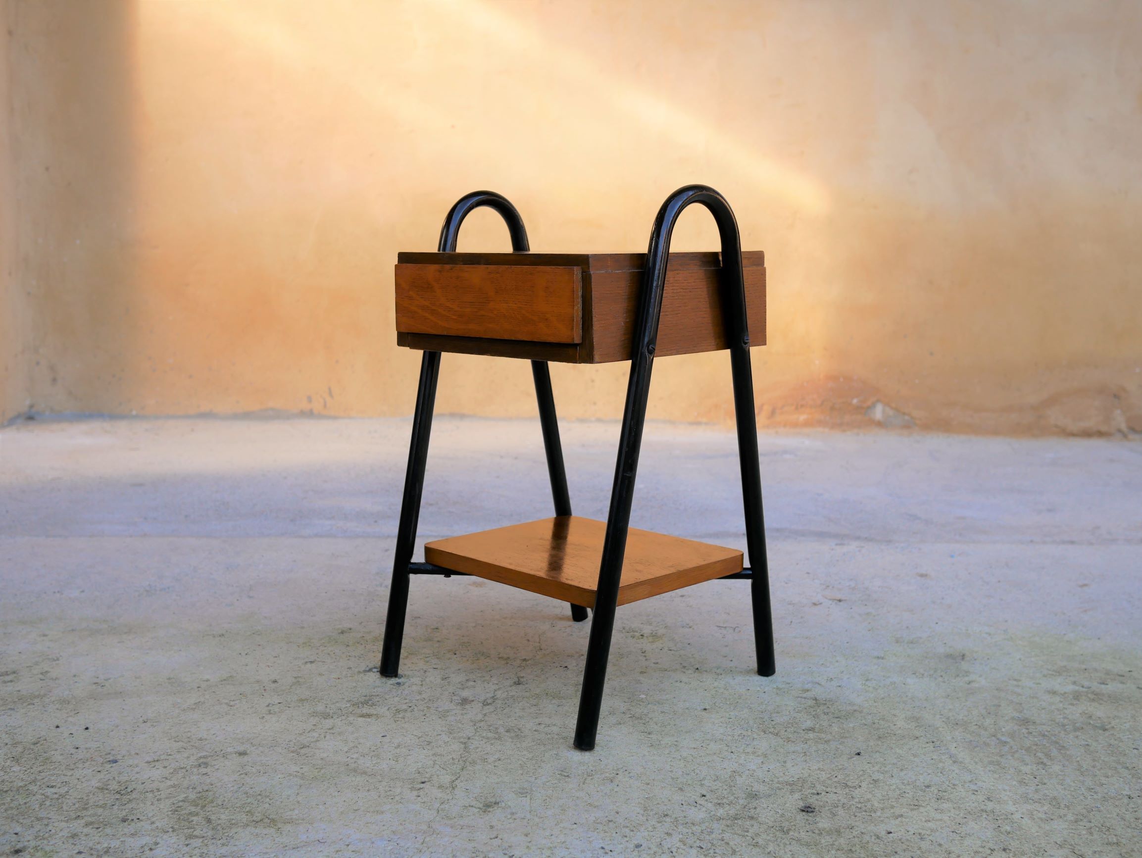 Vintage wooden and metal bedside table