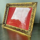 Vintage metal frame in gold colored brass 29.5 cm x 23 cm convex glass