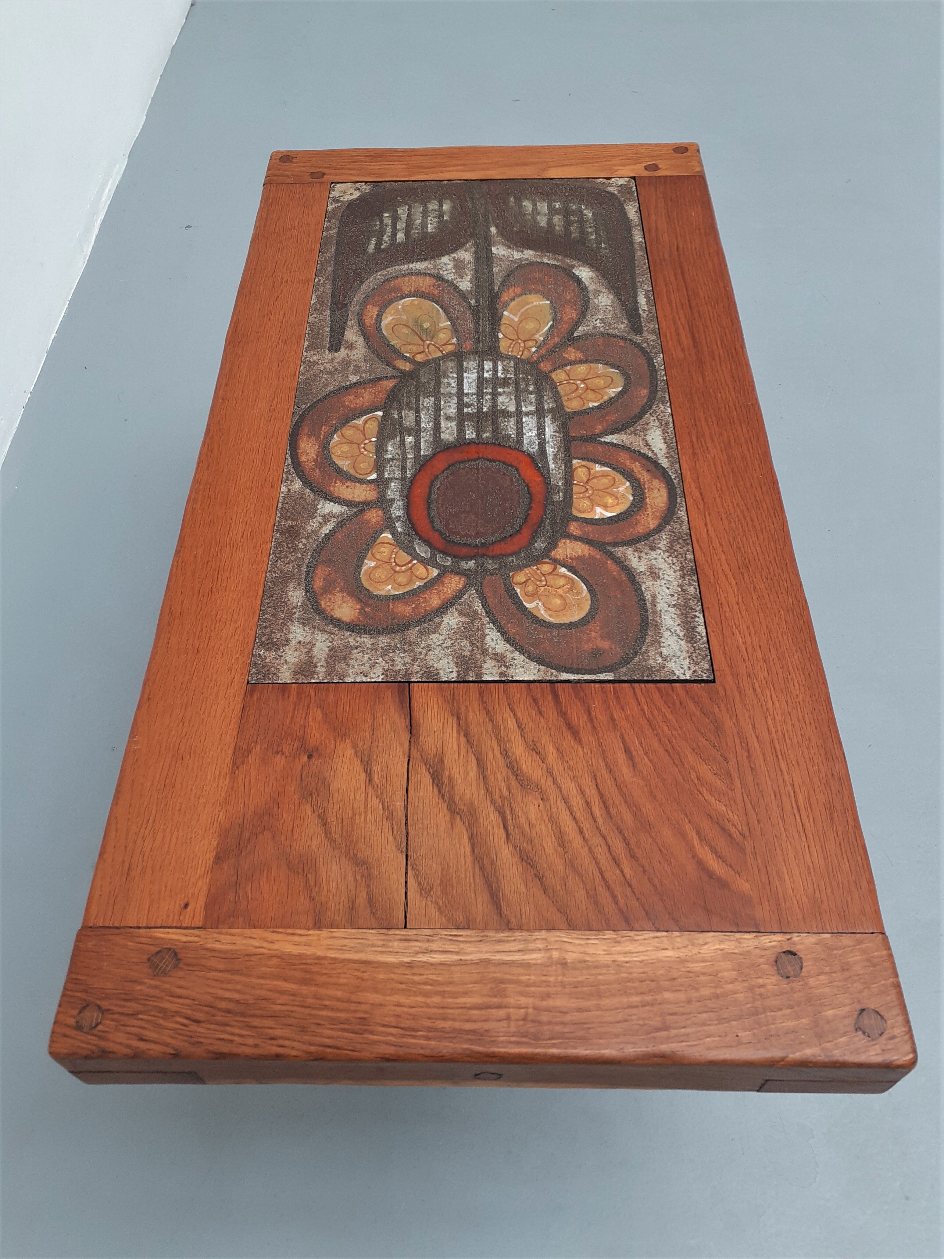 70s wooden coffee table with ceramic tray