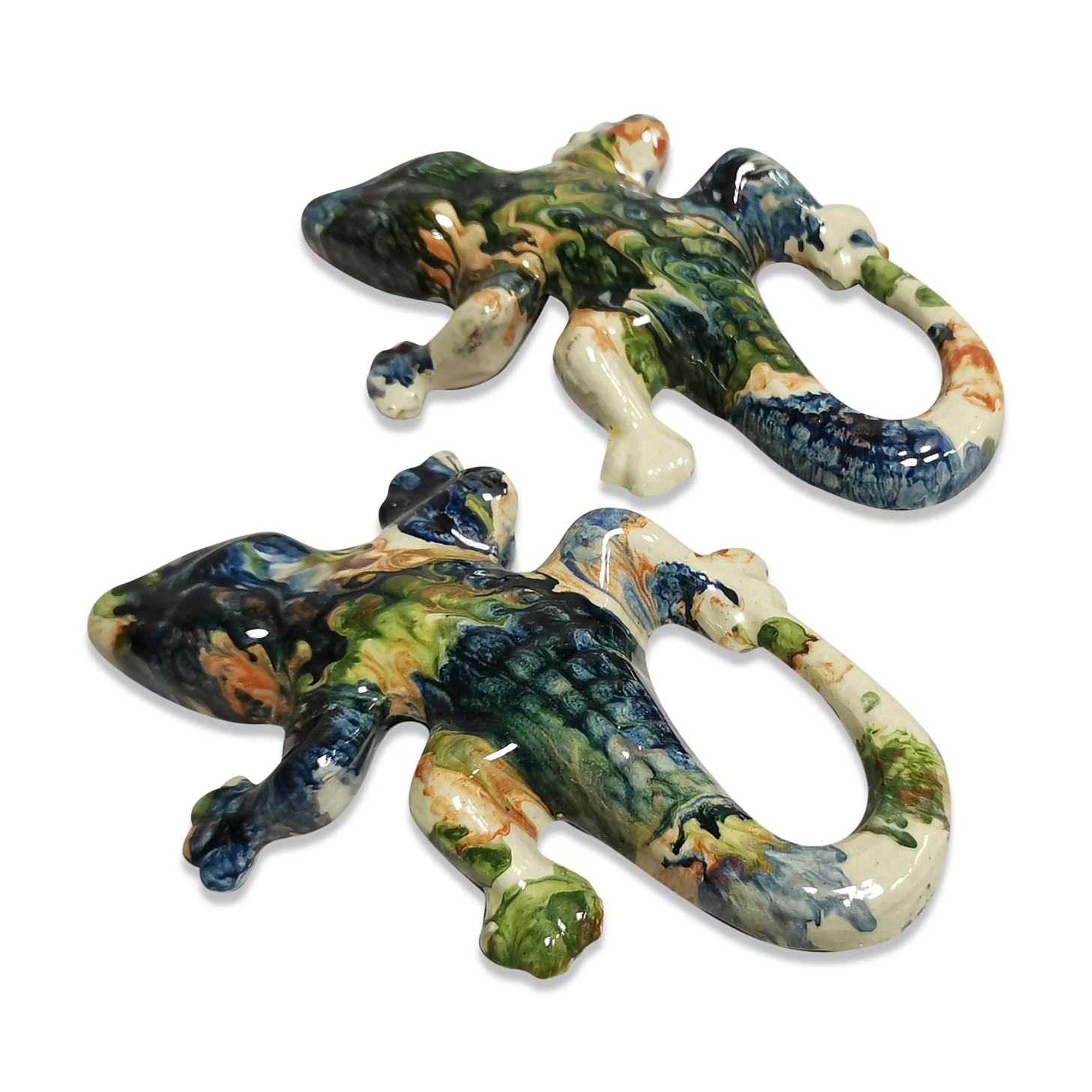 Set of 2 enamelled terracotta lizards, vintage wall decor