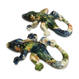 Set of 2 enamelled terracotta lizards, vintage wall decor