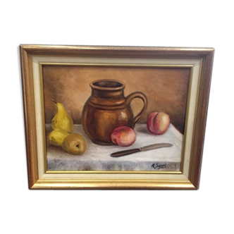 Very beautiful still life representing peaches, pears, knife and pitcher by Roland Jeunot