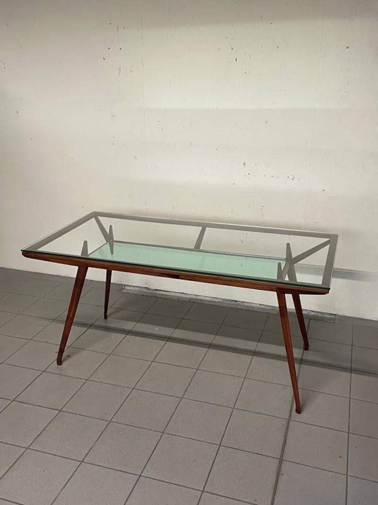 1950s Italian Wooden Table with Double Glass Top