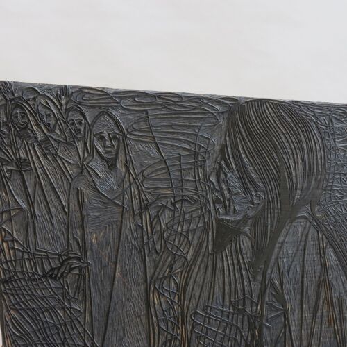 Gravure sur bois originale des années 1950 Bloc d’impression en bois sculpté par Pauline Jacobsen Lazareth