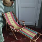 Vintage children's deckchair, sun lounger, striped canvas, 1960-1970.