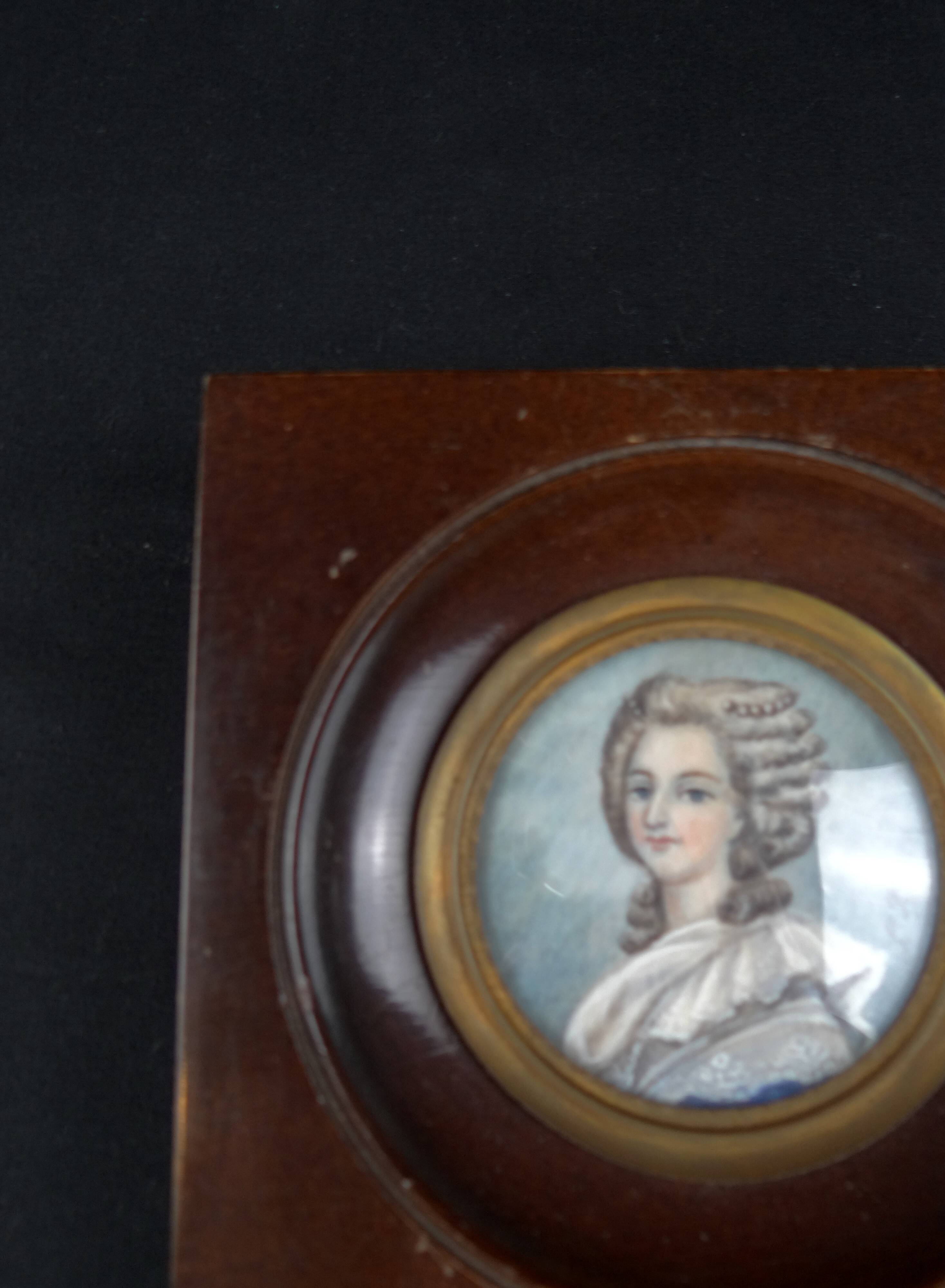 Framed 19th-century miniature gouache portrait of an aristocratic woman