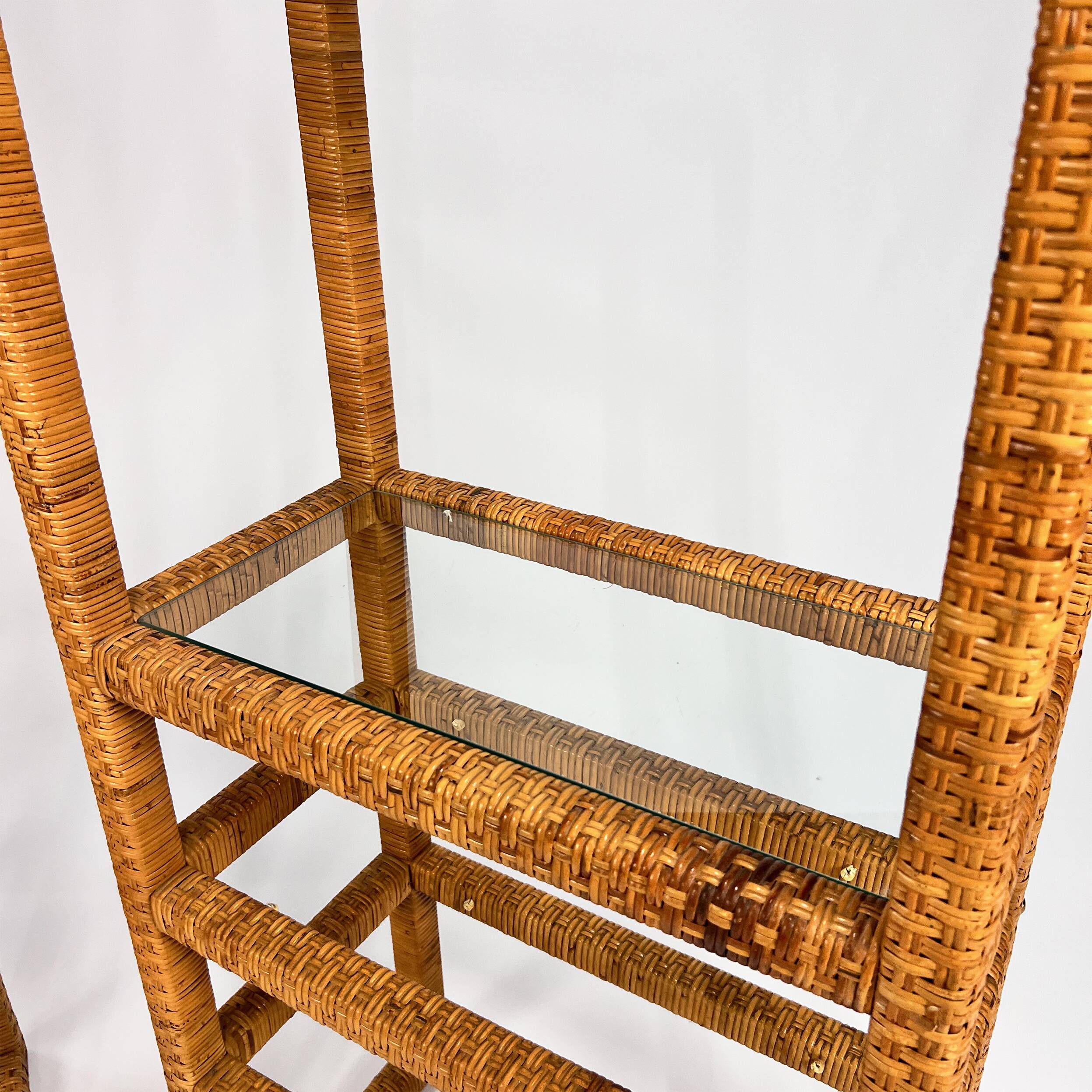 Set of 2 mid century tall wicker and glass etagere cabinet, 1970s