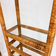 Set of 2 mid century tall wicker and glass etagere cabinet, 1970s