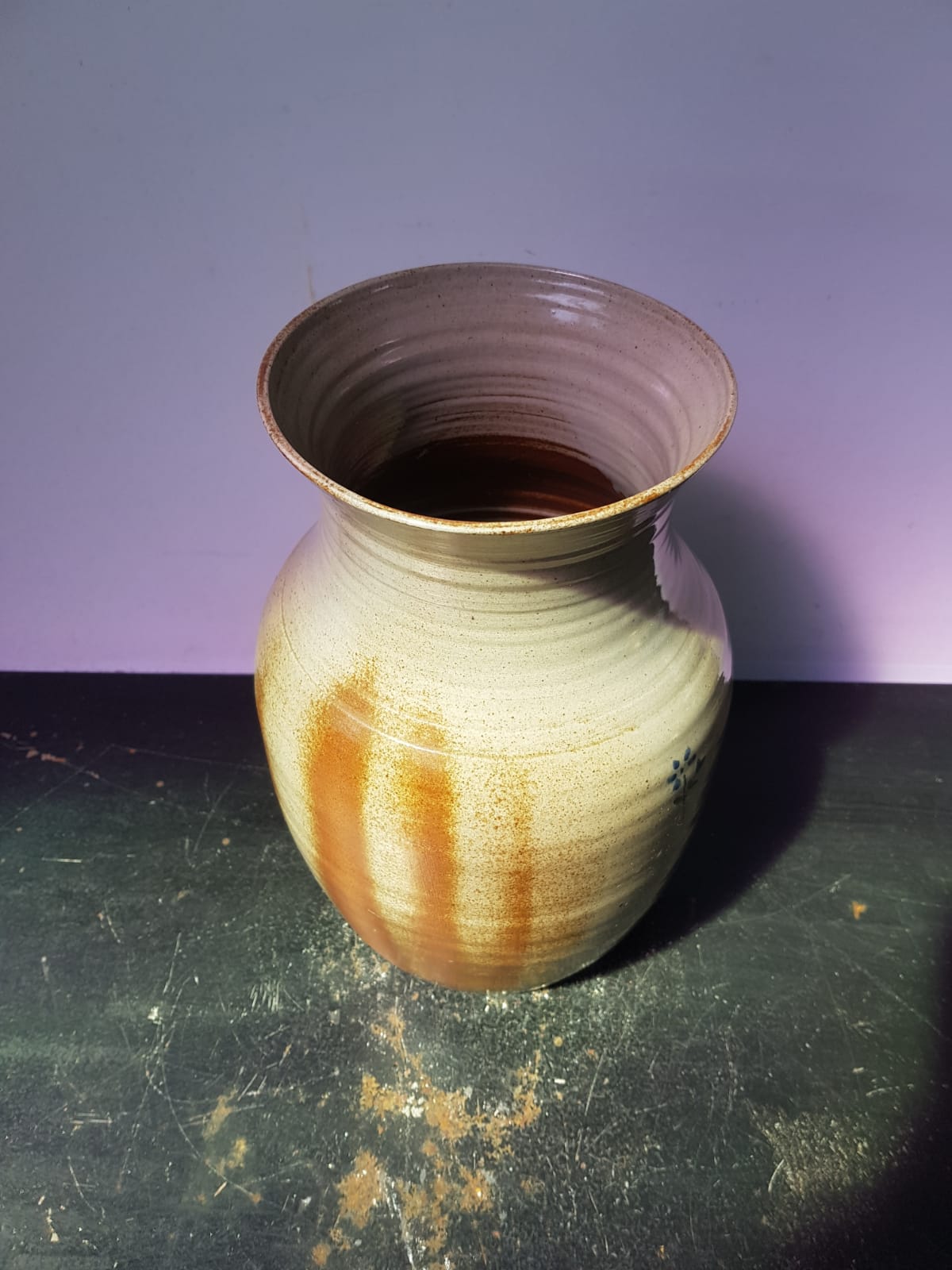 Old brown sandstone vase & beige signed deco 70s vintage