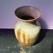 Old brown sandstone vase & beige signed deco 70s vintage