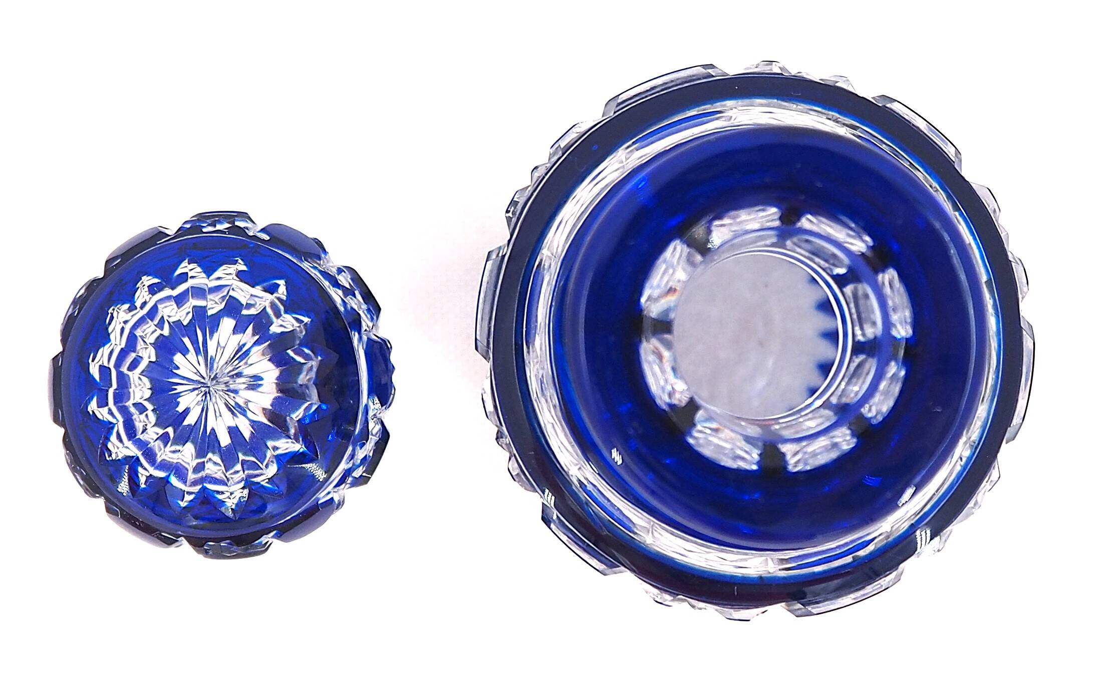 Baccarat, cut crystal bottle, blue lined, diamond gemstones, 14.8 cm.