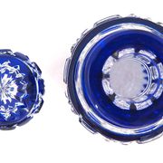 Baccarat, cut crystal bottle, blue lined, diamond gemstones, 14.8 cm.