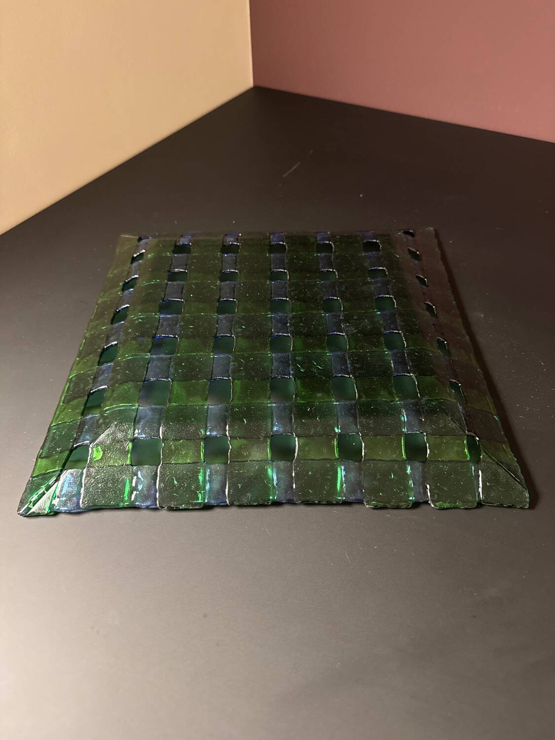 Decorative fused glass plate in green and blue – woven design – piece