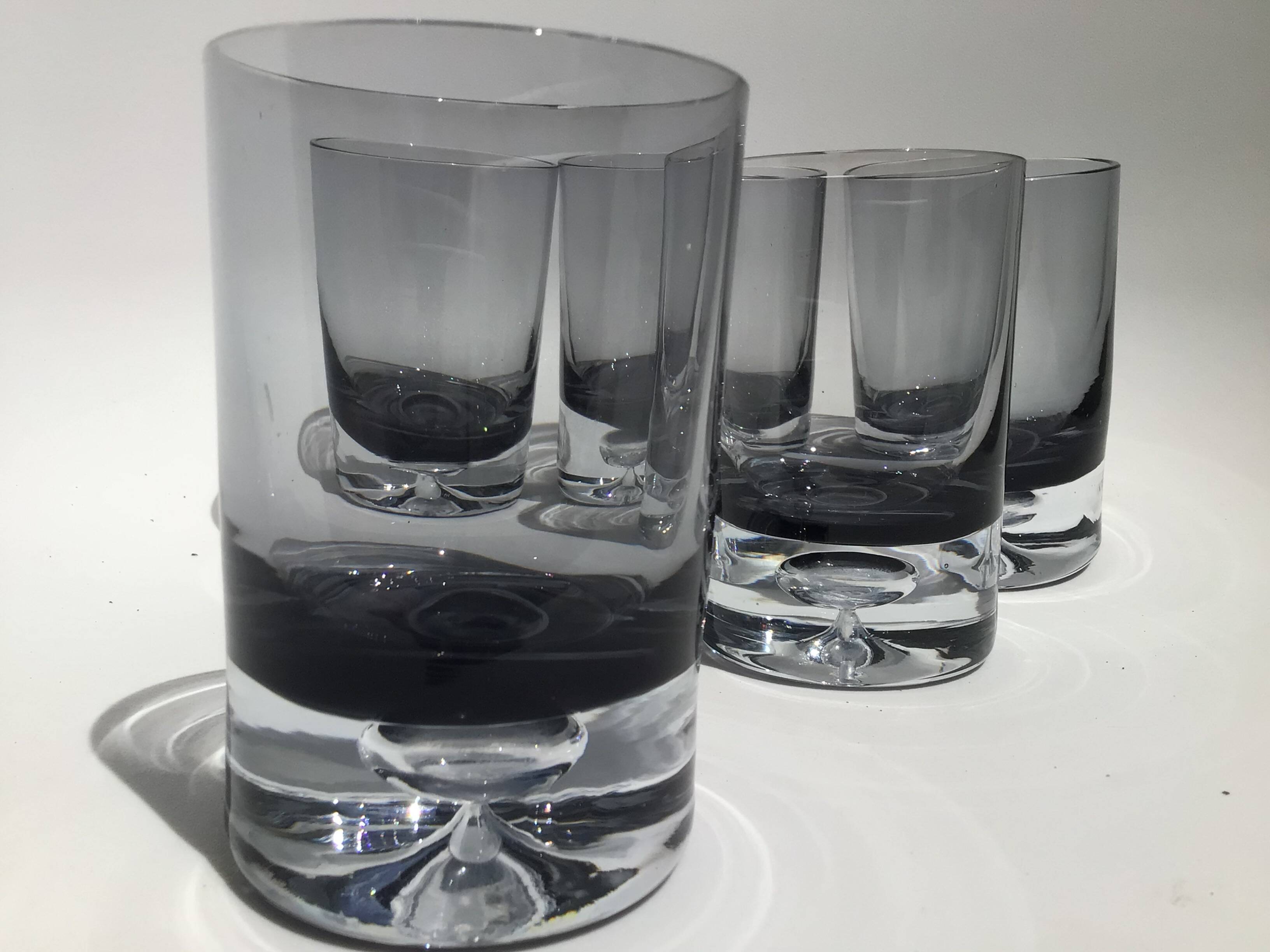5 70's large bubble black smoked whiskey glasses