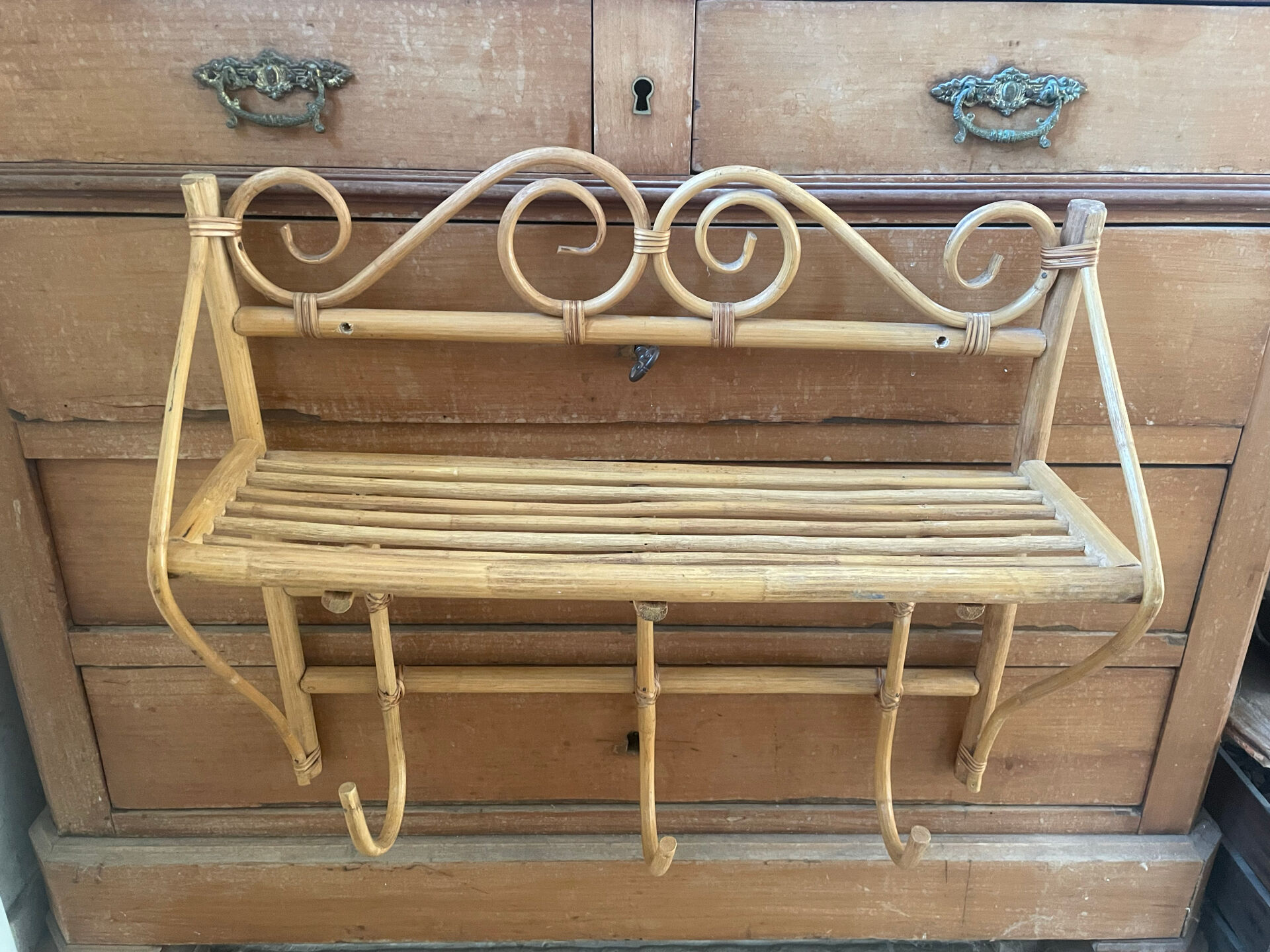 Vintage bamboo and rattan wall coat rack